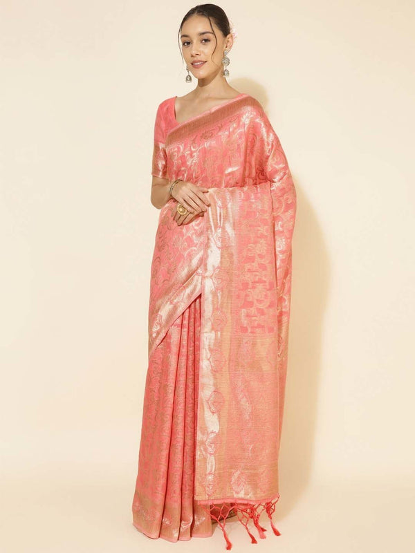 Women's Peach Chanderi Silk Saree - Janasya