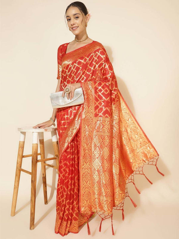 Women's Red Chanderi Silk Saree - Janasya