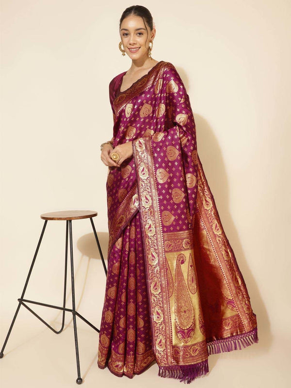 Women's Wine Banarasi Silk Saree - Janasya