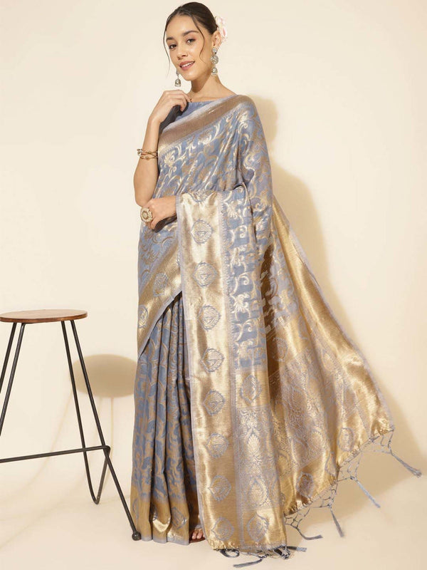 Women's Grey Chanderi Silk Saree - Janasya