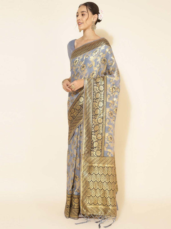 Women's Grey Chanderi Silk Saree - Janasya