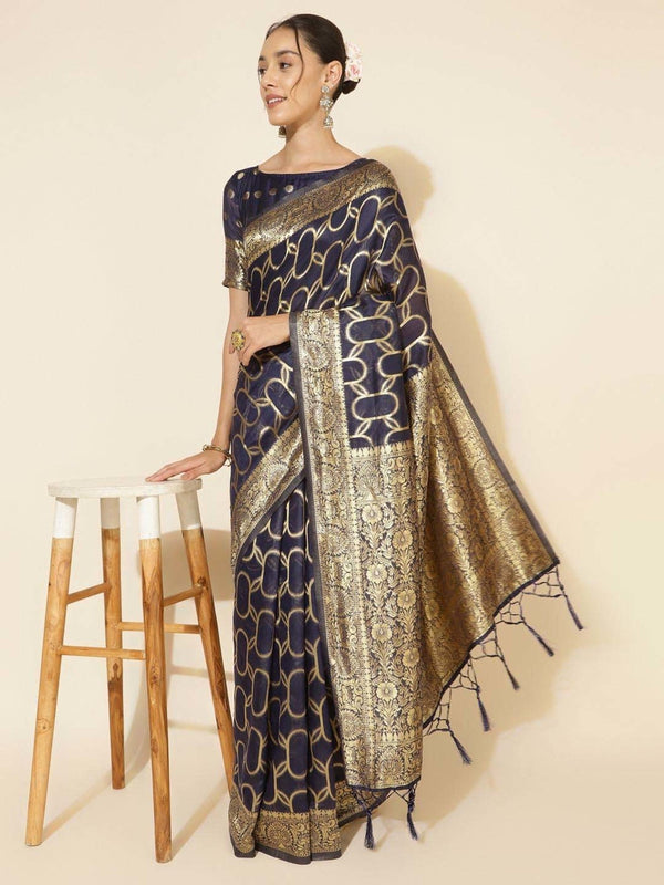 Women's Navy Blue Chanderi Silk Saree - Janasya