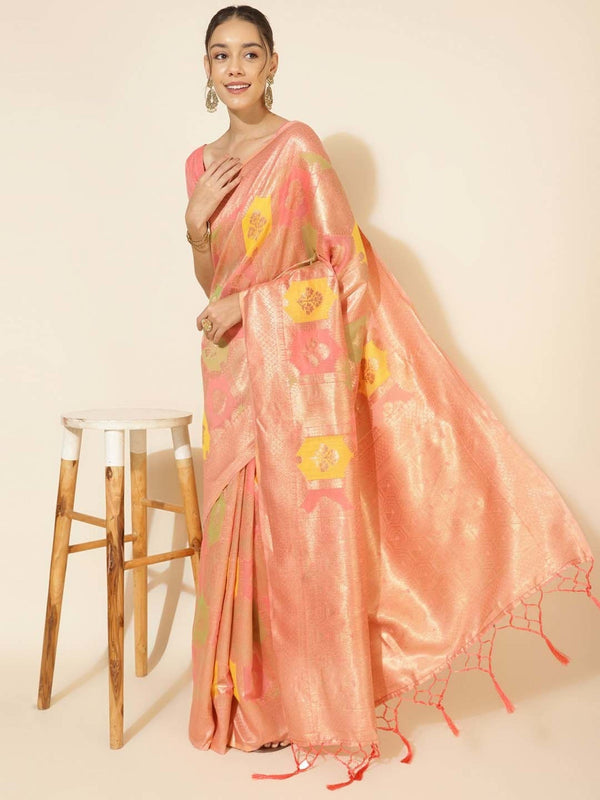 Women's Peach Chanderi Silk Saree - Janasya