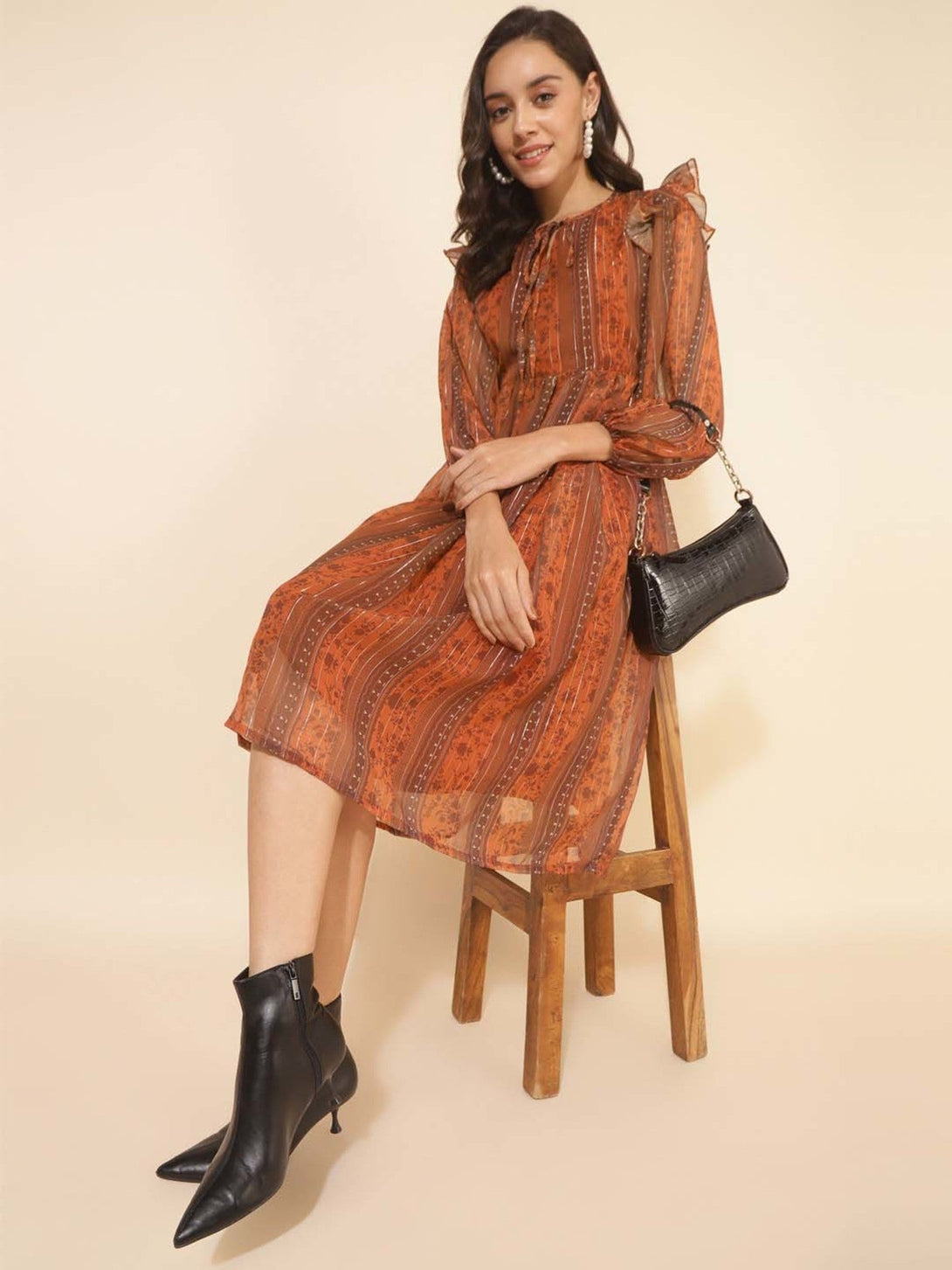 Women's Chiffon Lurex Floral Printed Rust Casual Dress - Janasya