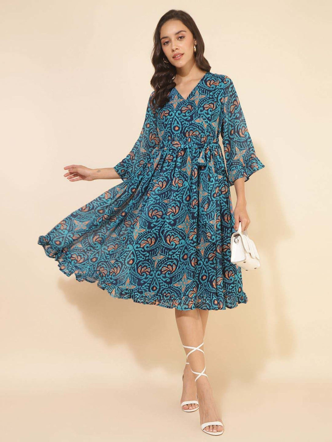 Women's Dobby Georgette Ikkat Printed Blue Casual Dress - Janasya