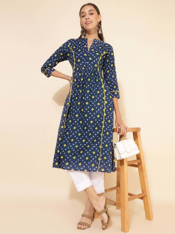 Women Blue Cotton Bandhani Printed A-Line Kurta - Janasya