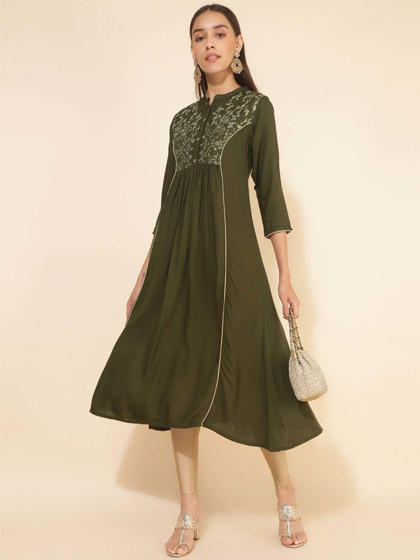 Women Olive Rayon Yoke Embroidered A-Line Kurta - Janasya