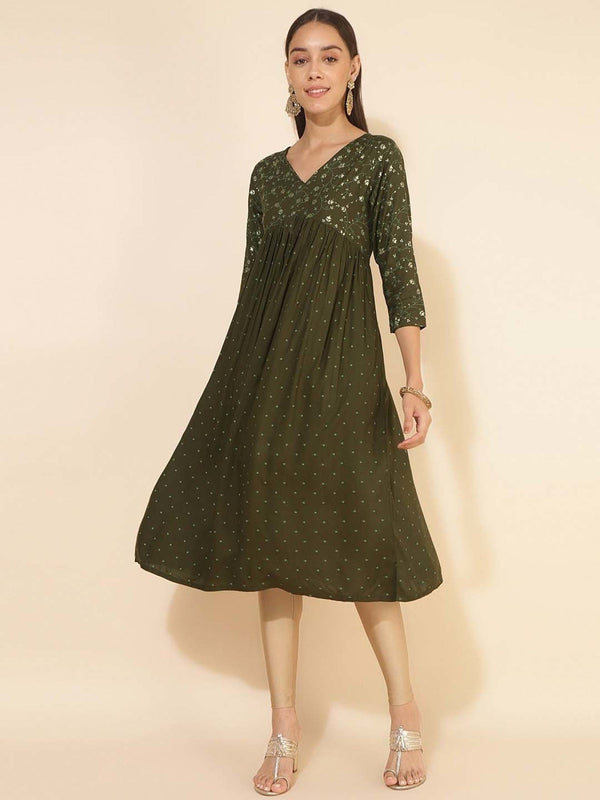 Women Olive Rayon Yoke Foil Printed A-Line Kurta - Janasya