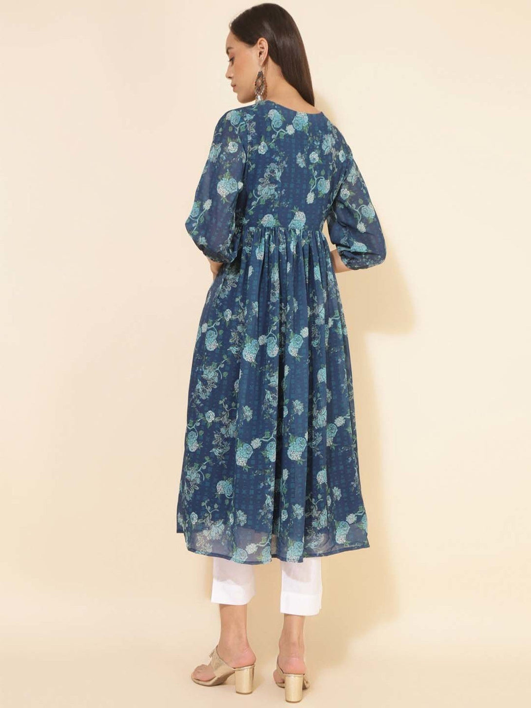 Women Blue Georgette Floral Printed Flared Kurta - Janasya