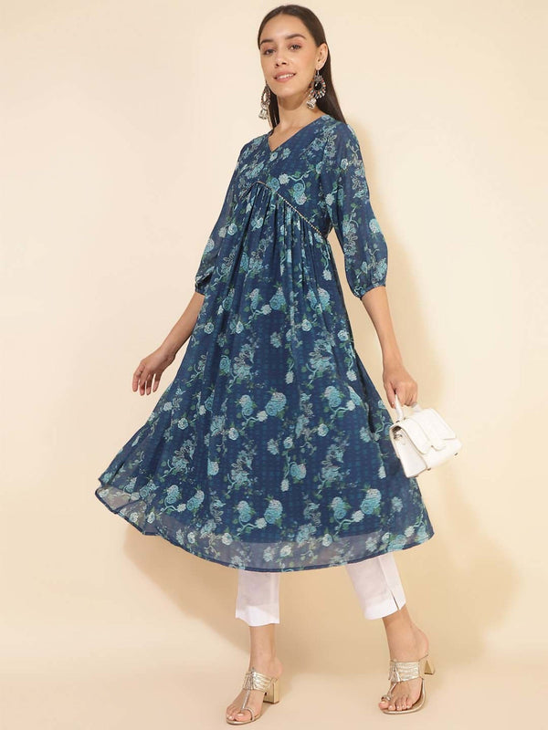 Women Blue Georgette Floral Printed Flared Kurta - Janasya