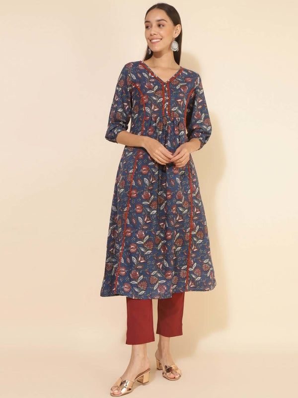 Women Blue Cotton Floral Printed A-Line Kurta - Janasya