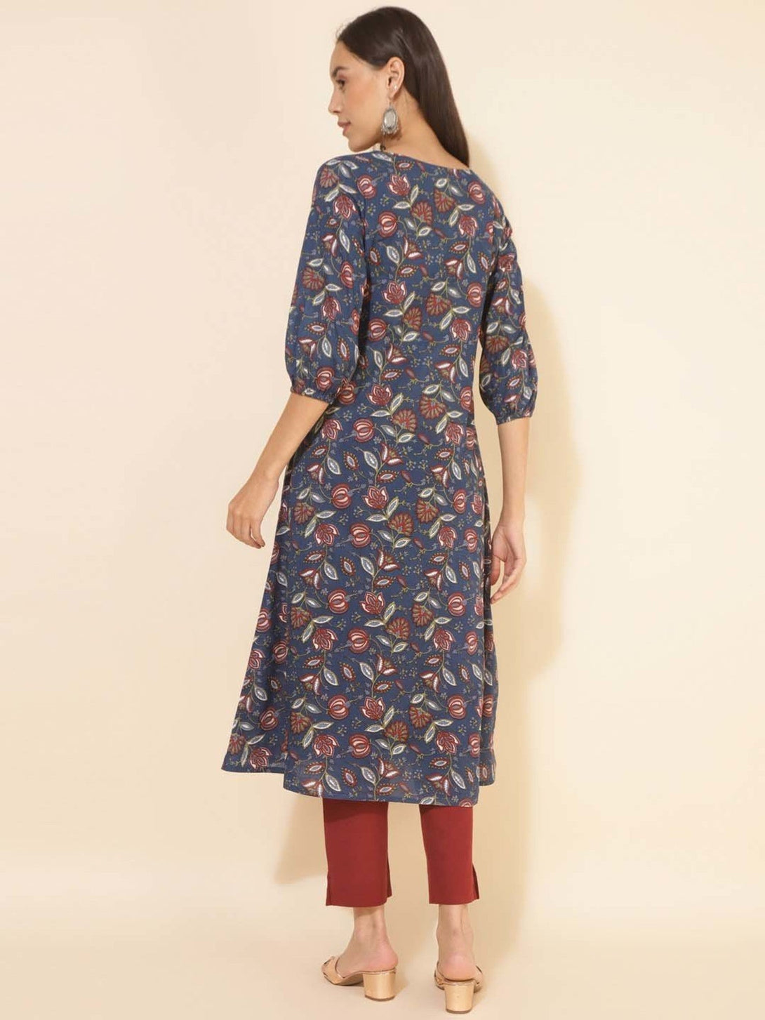 Women Blue Cotton Floral Printed A-Line Kurta - Janasya