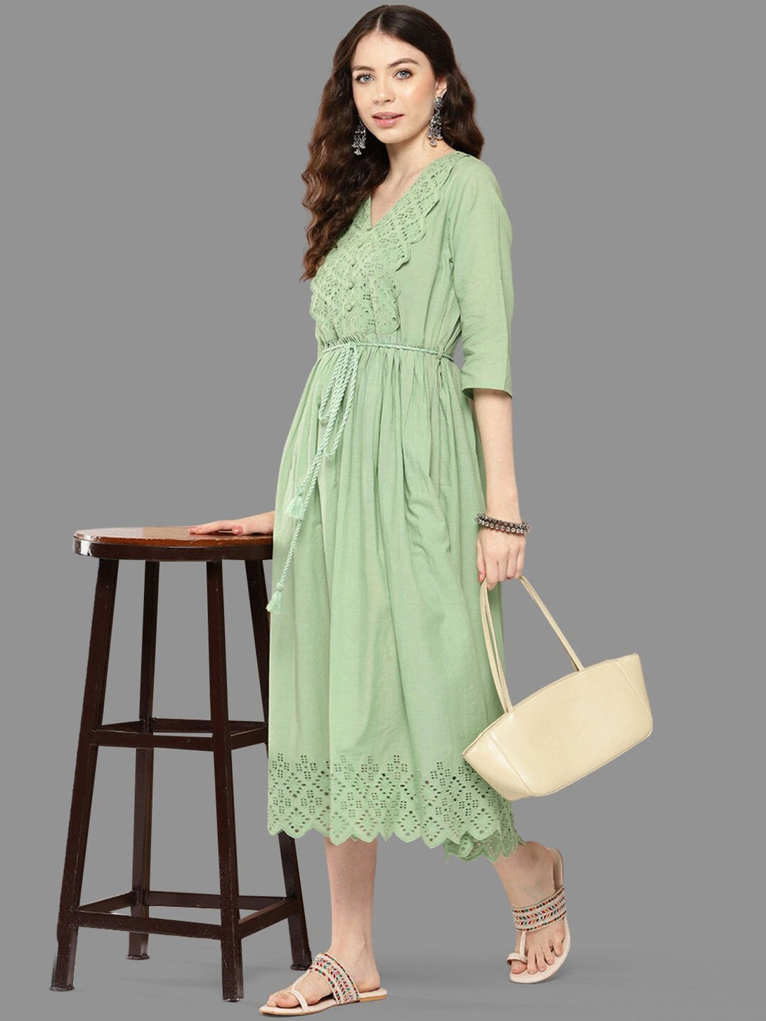 Women's Cotton Schiffli Light Green Casual Dress - Janasya