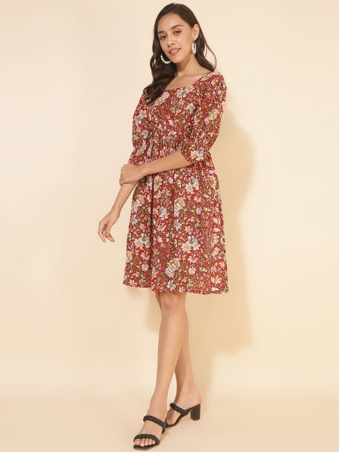 Women's Cotton Floral Printed Red Casual Dress - Janasya