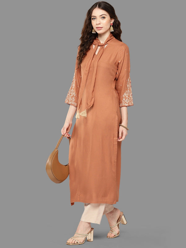 Women Peach Rayon Solid Straight Kurta - Janasya