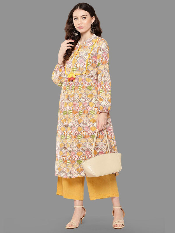 Women Multicolor Cotton Ethnic Motifs A-Line Kurta - Janasya