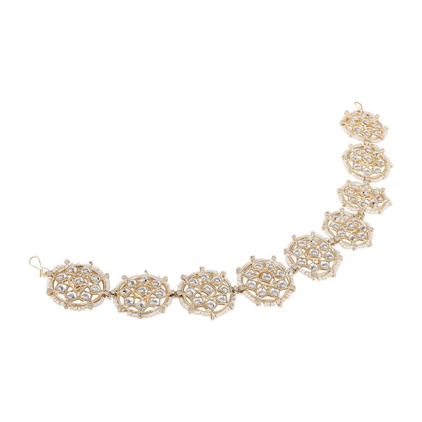 Women's/Girls Statement Gold Plated Round Shaped White Colored Pearl And Kundan Studded Matha Patti - Mode Mania