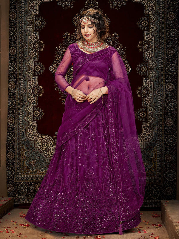 Women's Wine Heavy Embroidered Net Lehenga-Myracouture