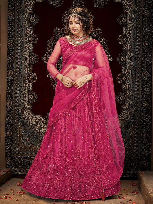 Women's Pink Heavy Embroidered Net Lehenga-Myracouture