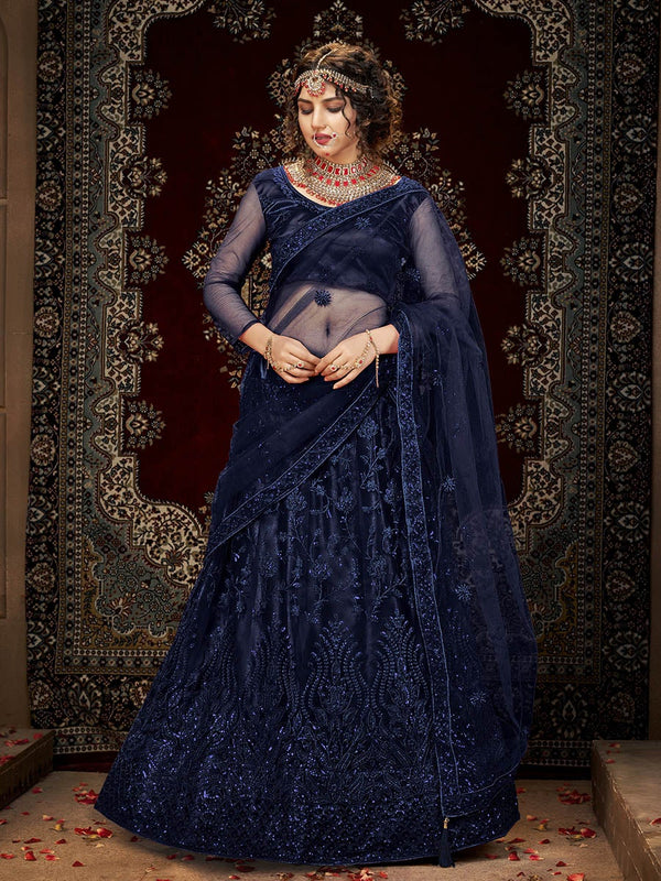 Women's Navy Blue Heavy Embroidered Net Lehenga-Myracouture