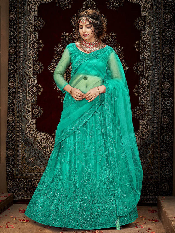 Women's Sea Green Heavy Embroidered Net Lehenga-Myracouture