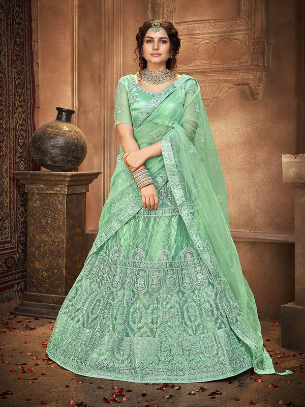 Women's Sea Green Heavy Embroidered Net Lehenga-Myracouture