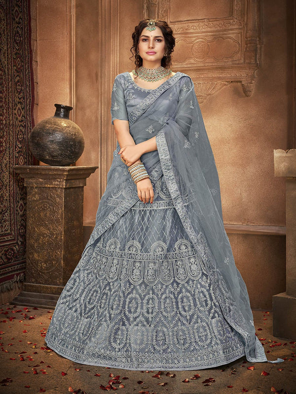 Women's Grey Heavy Embroidered Net Lehenga-Myracouture