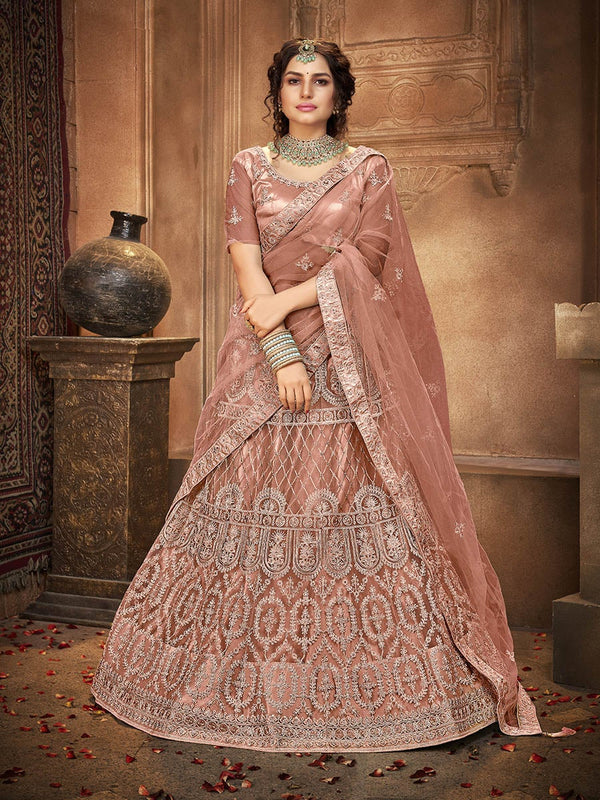 Women's Peach Heavy Embroidered Net Lehenga-Myracouture