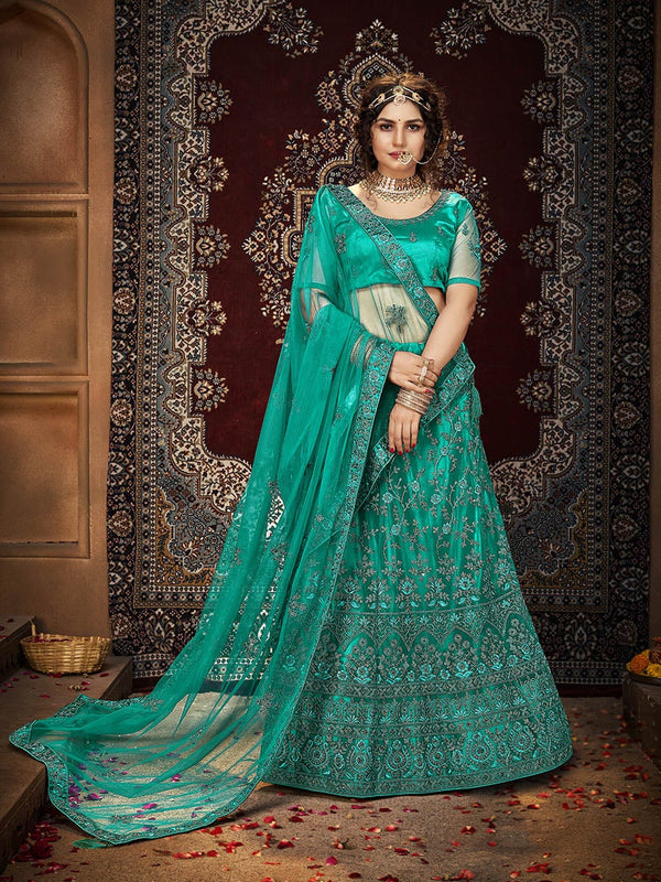 Women's Persion Green Ocean Heavy Embroidered Net Lehenga-Myracouture