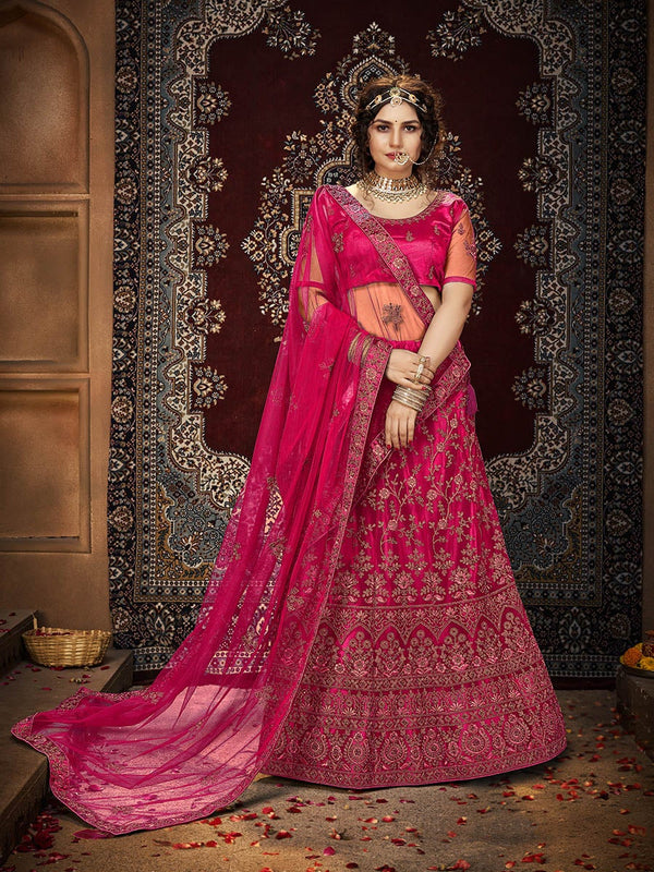 Women's Red Crimson Heavy Embroidered Net Lehenga-Myracouture