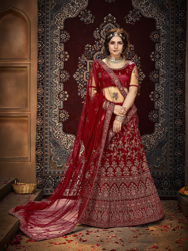 Women's Maroon Ocean Heavy Embroidered Net Lehenga-Myracouture