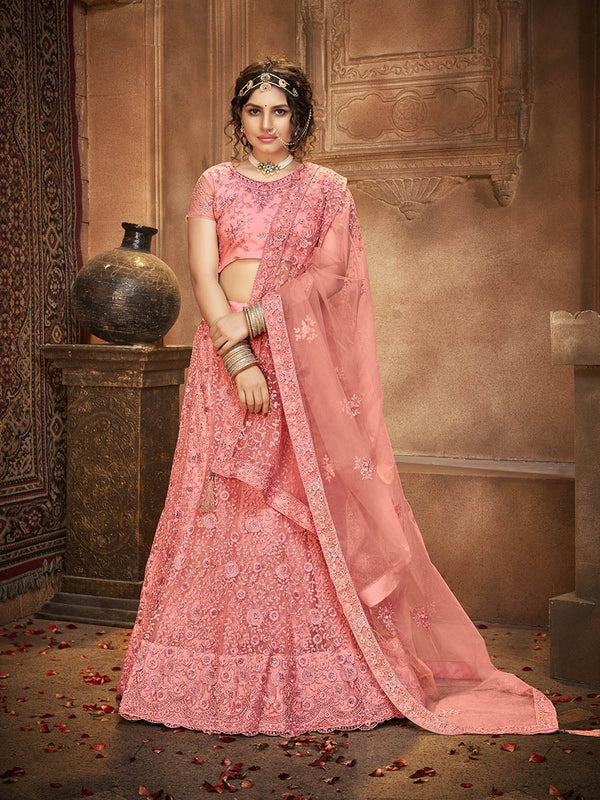 Women's Blush Heavy Embroidered Net Lehenga-Myracouture