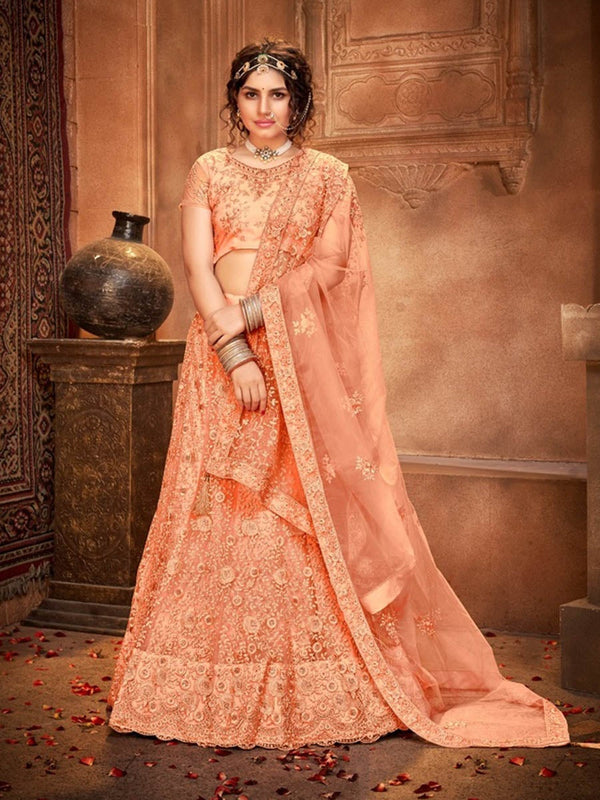 Women's Peach Heavy Embroidered Net Lehenga-Myracouture