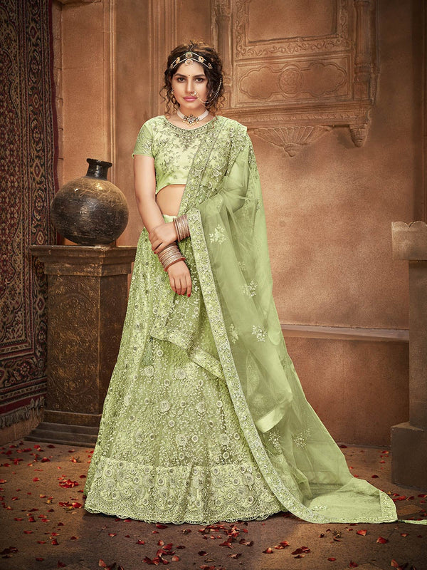 Women's Pista Green Heavy Embroidered Net Lehenga-Myracouture