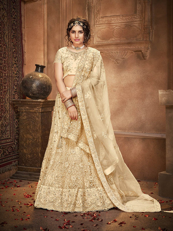 Women's Beige Heavy Embroidered Net Lehenga-Myracouture