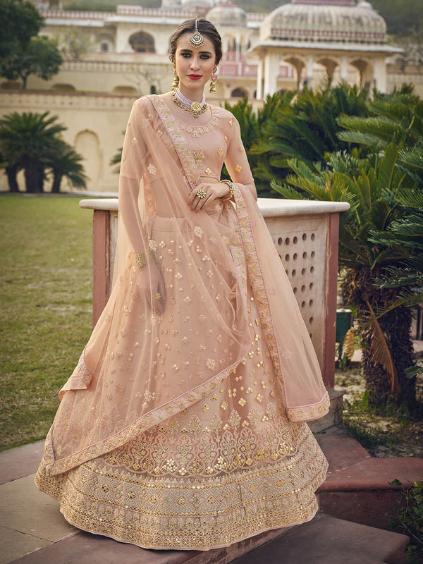 Women's Blush Net Heavy Embroidered Designer Lehenga - Myracouture