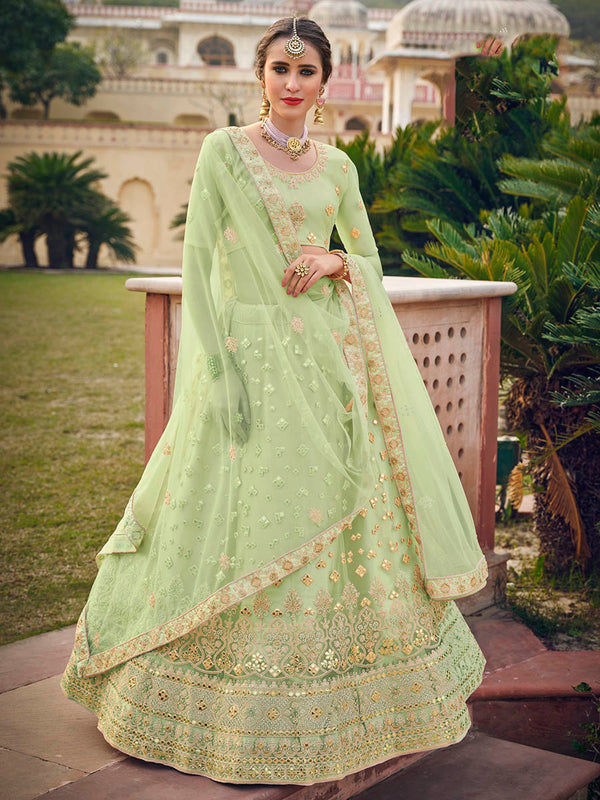 Women's Mint Green Net Heavy Embroidered Designer Lehenga - Myracouture