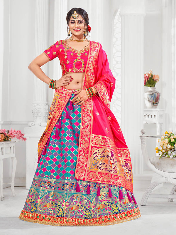 Women's Multicolour Jaquard Silk Designer Lehenga - Myracouture