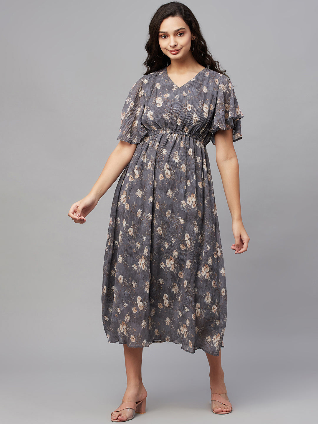 Women's Trendy Stylish Grey Printed Half Sleeve V Neck Dress - Myshka