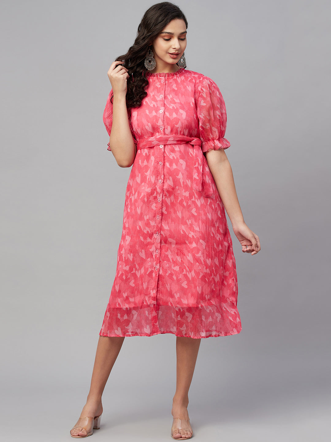 Women's Trendy Stylish Pink Printed Half Sleeve Round Dress - Myshka