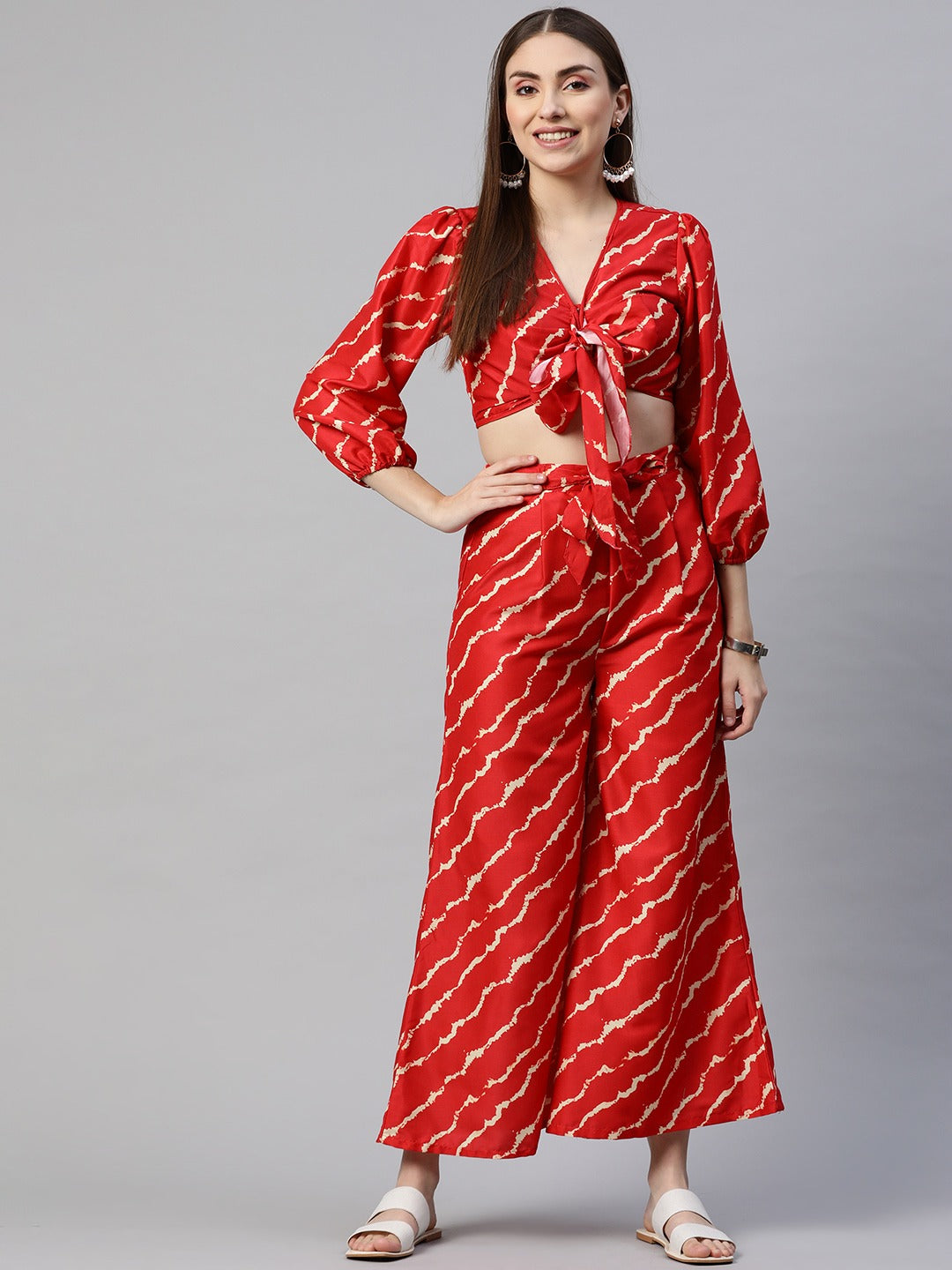 Women's Trendy Stylish Red Printed Full Sleeve V Neck Dress - Myshka