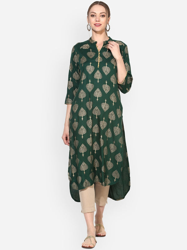 Women's Green Rayon Printed 3/4 Sleeve Round Neck Casual Kurta Only - Myshka