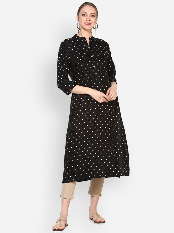 Women's Black Rayon Printed Half Sleeve Round Neck Casual Kurta Only - Myshka