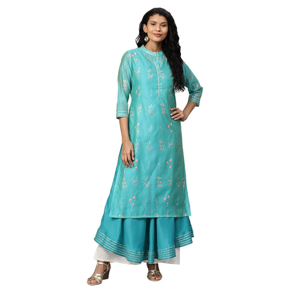 Women's Green Chanderi Printed 3/4 Sleeve Collar Casual Kurta Cami Only - Myshka