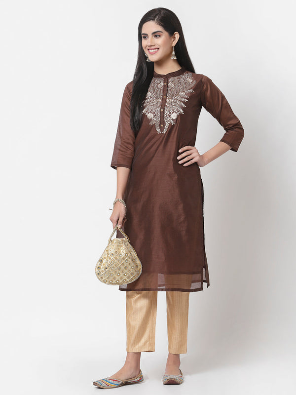 Women Brown Chanderi Kurta by Myshka (1 Pc Set)