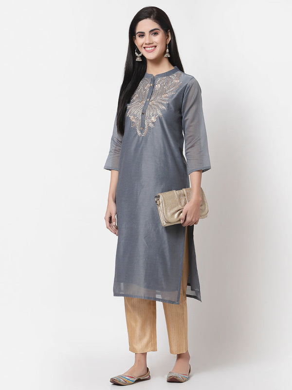 Women Grey Chanderi Kurta by Myshka (1 Pc Set)