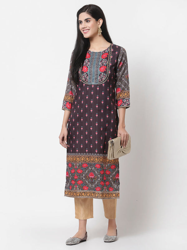 Women Brown Cotton Floral Printed Kurta by Myshka (1 Pc Set)