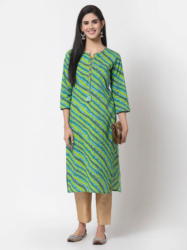 Women's Green Pure Cotton Printed 3/4 Sleeve Round Neck Kurta - Myshka