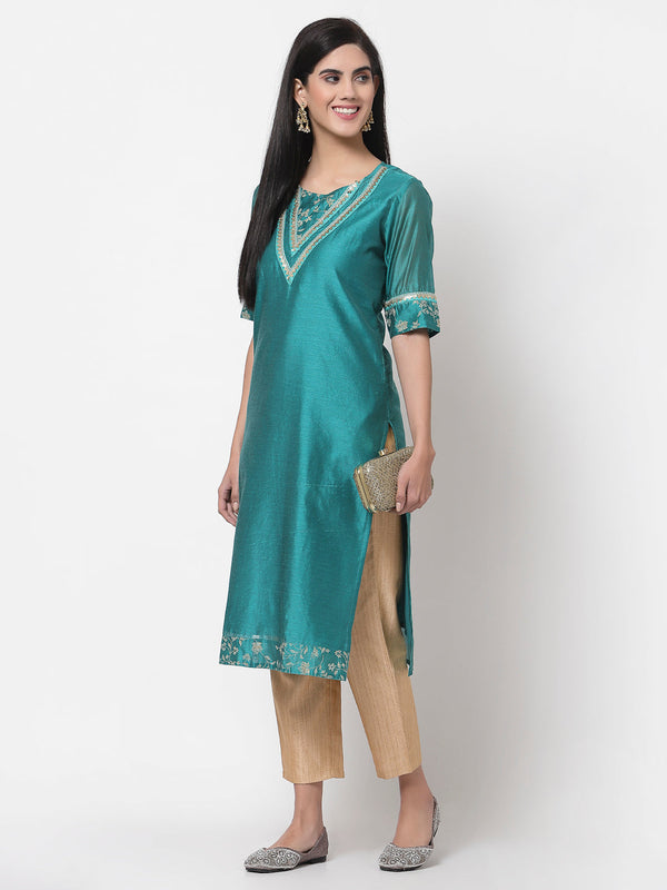 Women Green Chanderi Kurta by Myshka (1 Pc Set)