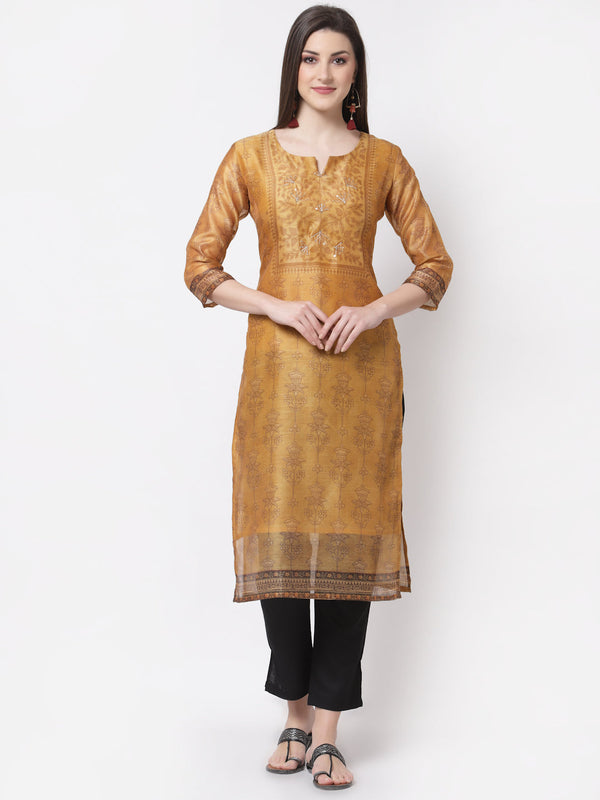 Women's Stylish Chanderi silk Round Neck 3/4 Sleeve Printed Kurta   - Myshka